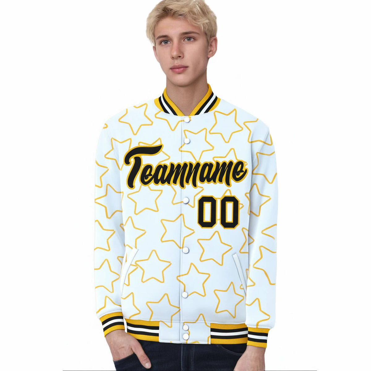 Custom White Black Varsity Full-Snap Star Pattern Letterman Baseball Jacket