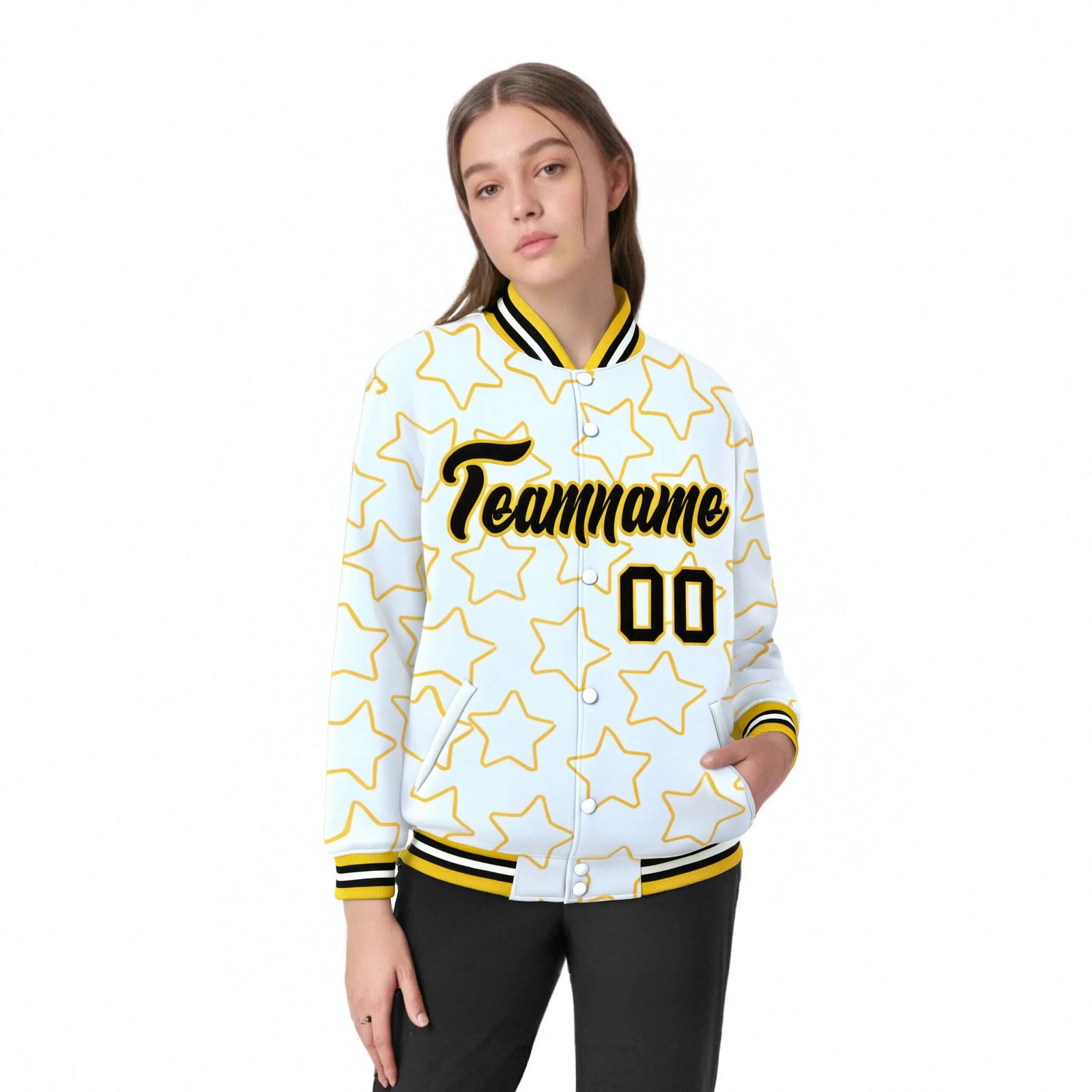 Custom White Black Varsity Full-Snap Star Pattern Letterman Baseball Jacket