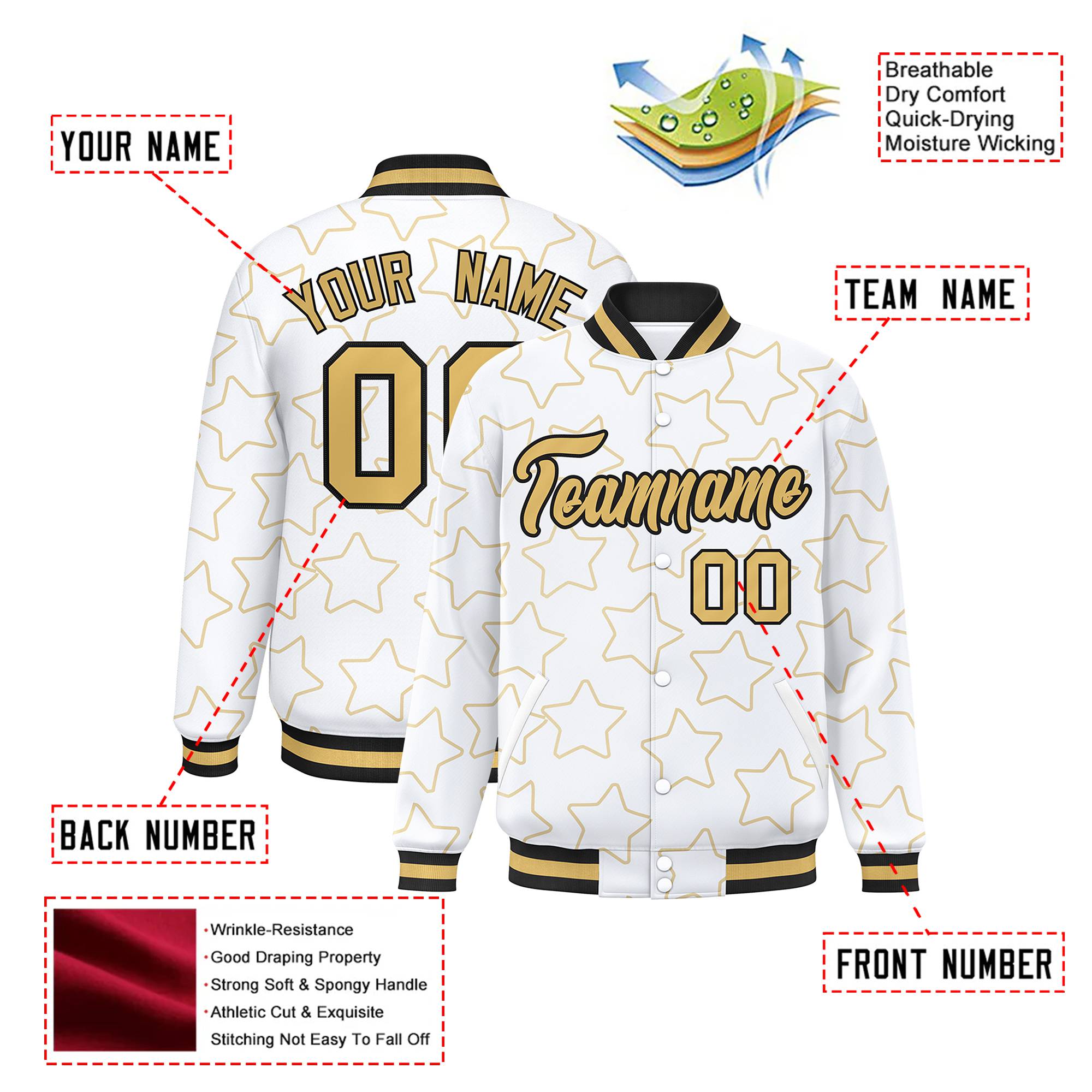 Custom White-Old Gold Varsity Full-Snap Star Pattern Letterman Baseball Jacket