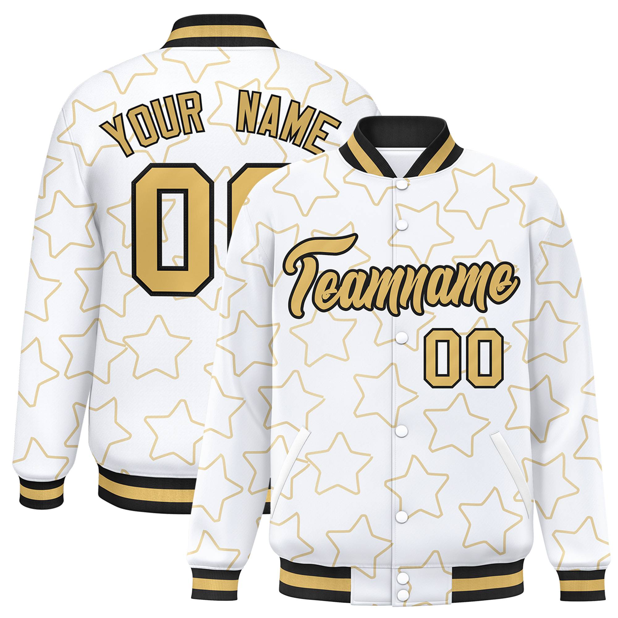 Custom White-Old Gold Varsity Full-Snap Star Pattern Letterman Baseball Jacket