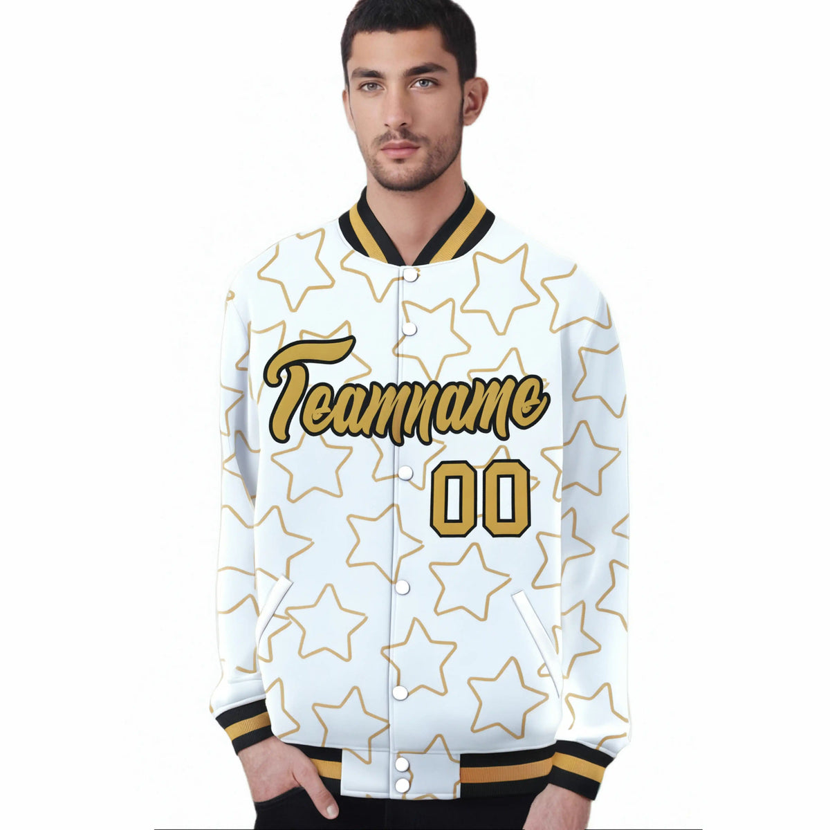 Custom White-Old Gold Varsity Full-Snap Star Pattern Letterman Baseball Jacket