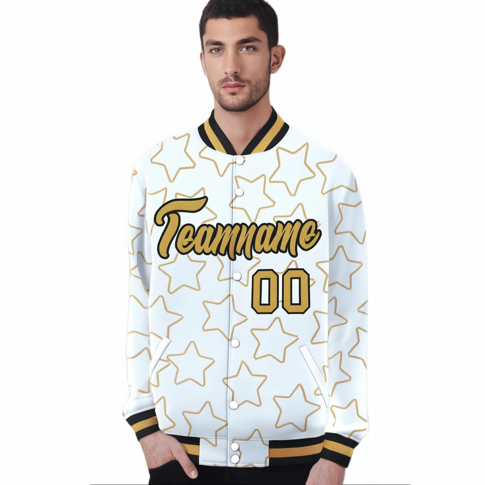 Custom White-Old Gold Varsity Full-Snap Star Pattern Letterman Baseball Jacket