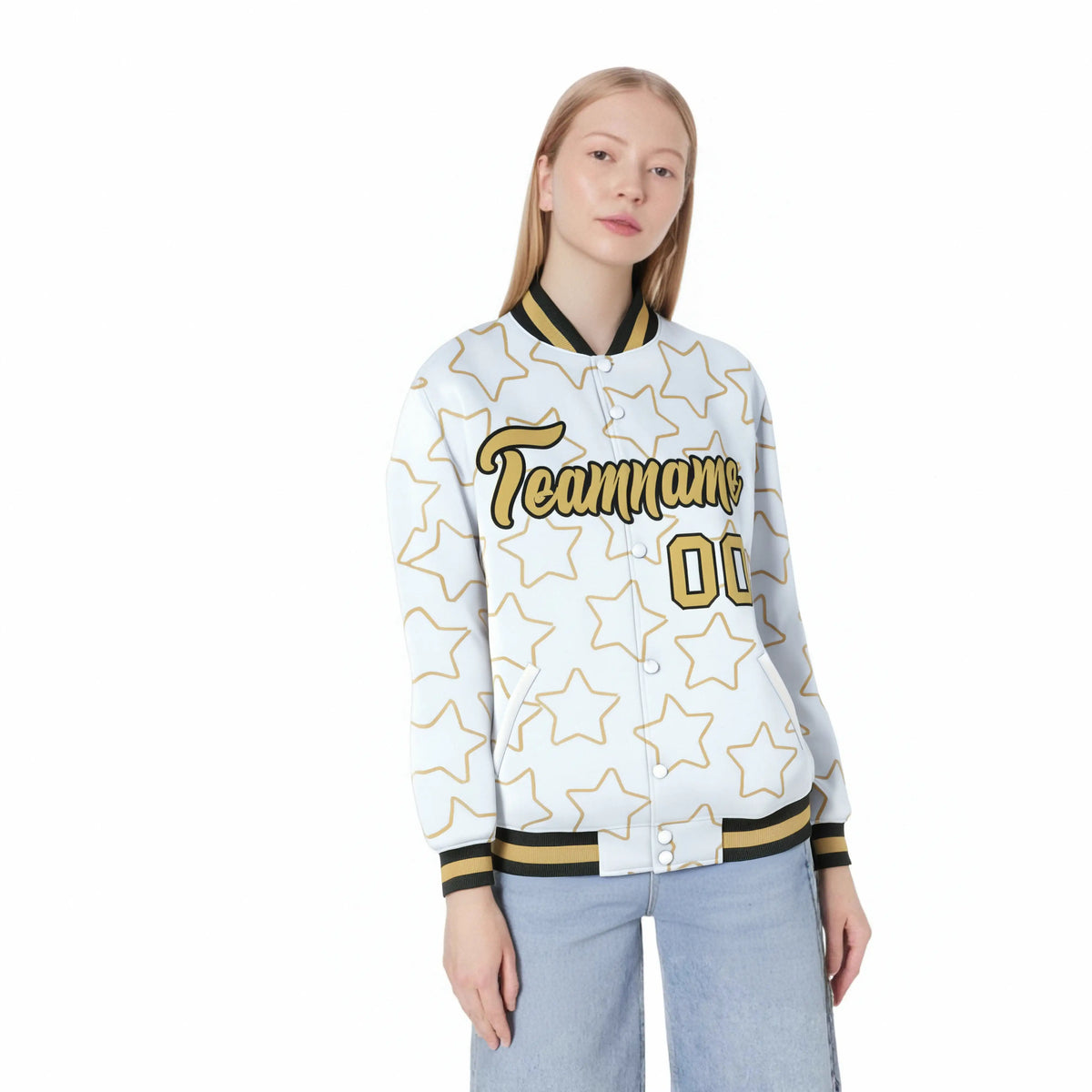 Custom White-Old Gold Varsity Full-Snap Star Pattern Letterman Baseball Jacket