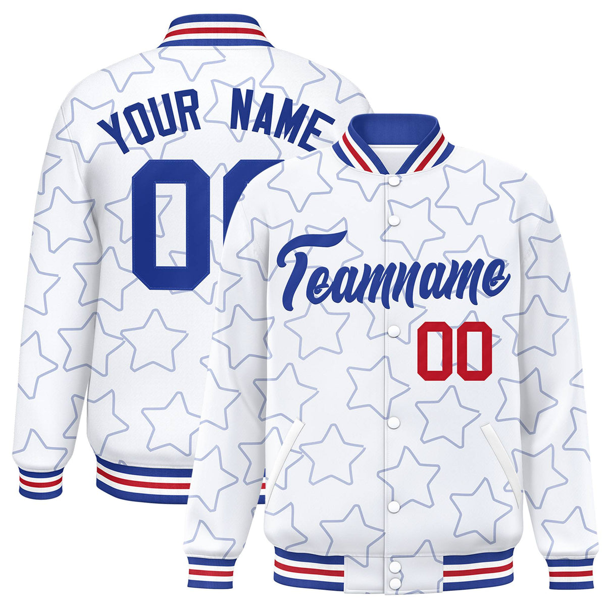 Custom White Royal Blue-Red Varsity Full-Snap Star Pattern Letterman Baseball Jacket