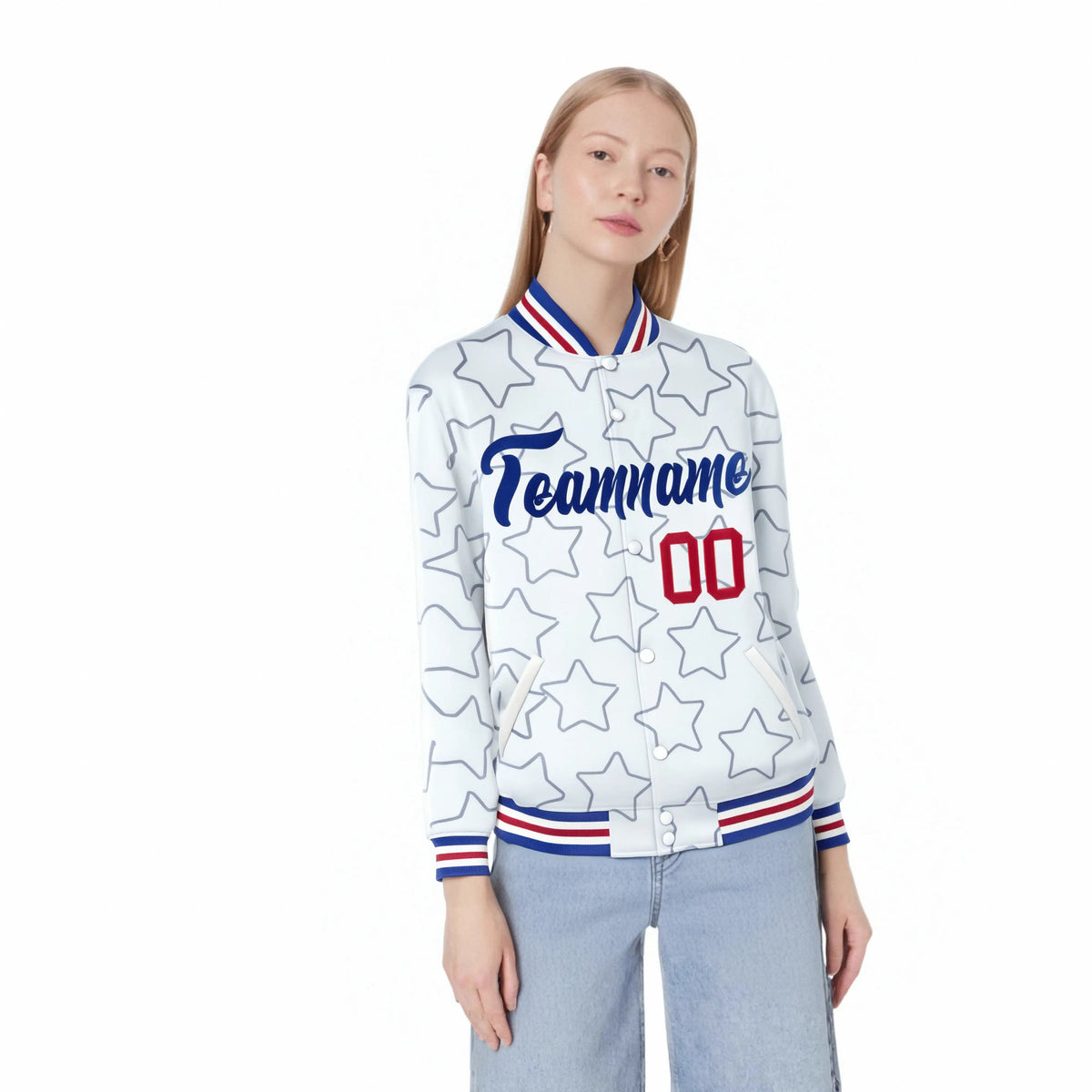 Custom White Royal Blue-Red Varsity Full-Snap Star Pattern Letterman Baseball Jacket