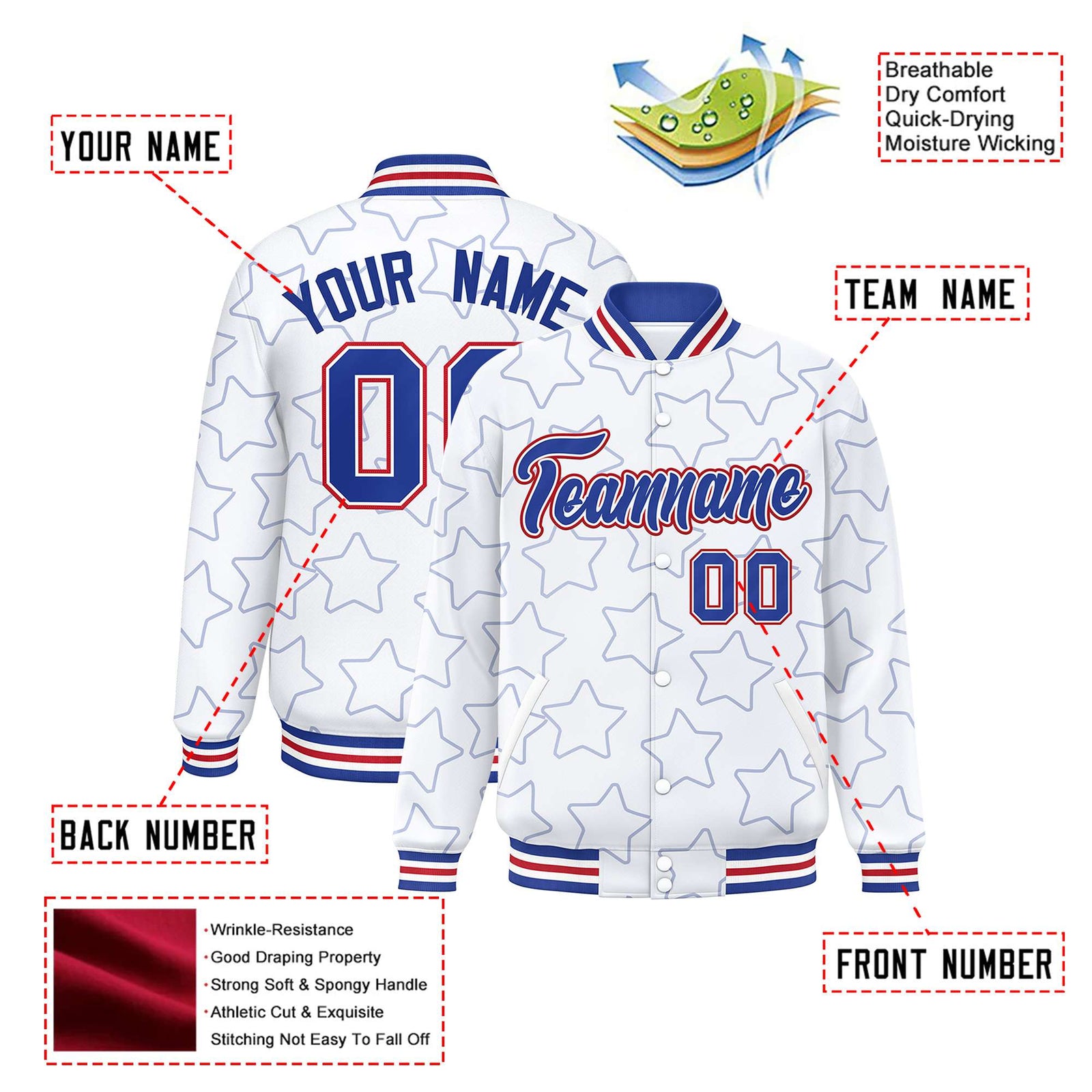 Custom White Royal Blue-Royal Blue Varsity Full-Snap Star Pattern Letterman Baseball Jacket