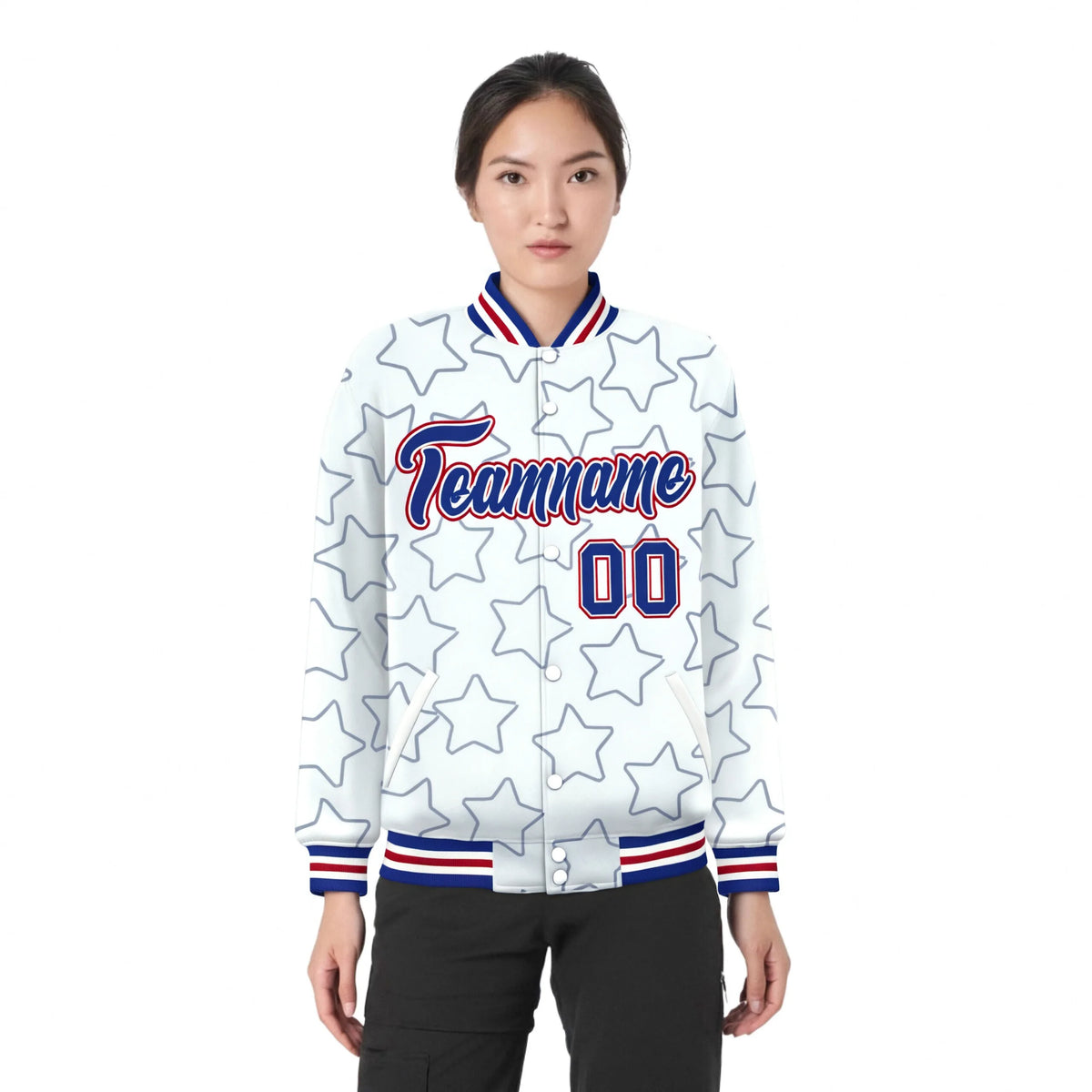 Custom White Royal Blue-Royal Blue Varsity Full-Snap Star Pattern Letterman Baseball Jacket
