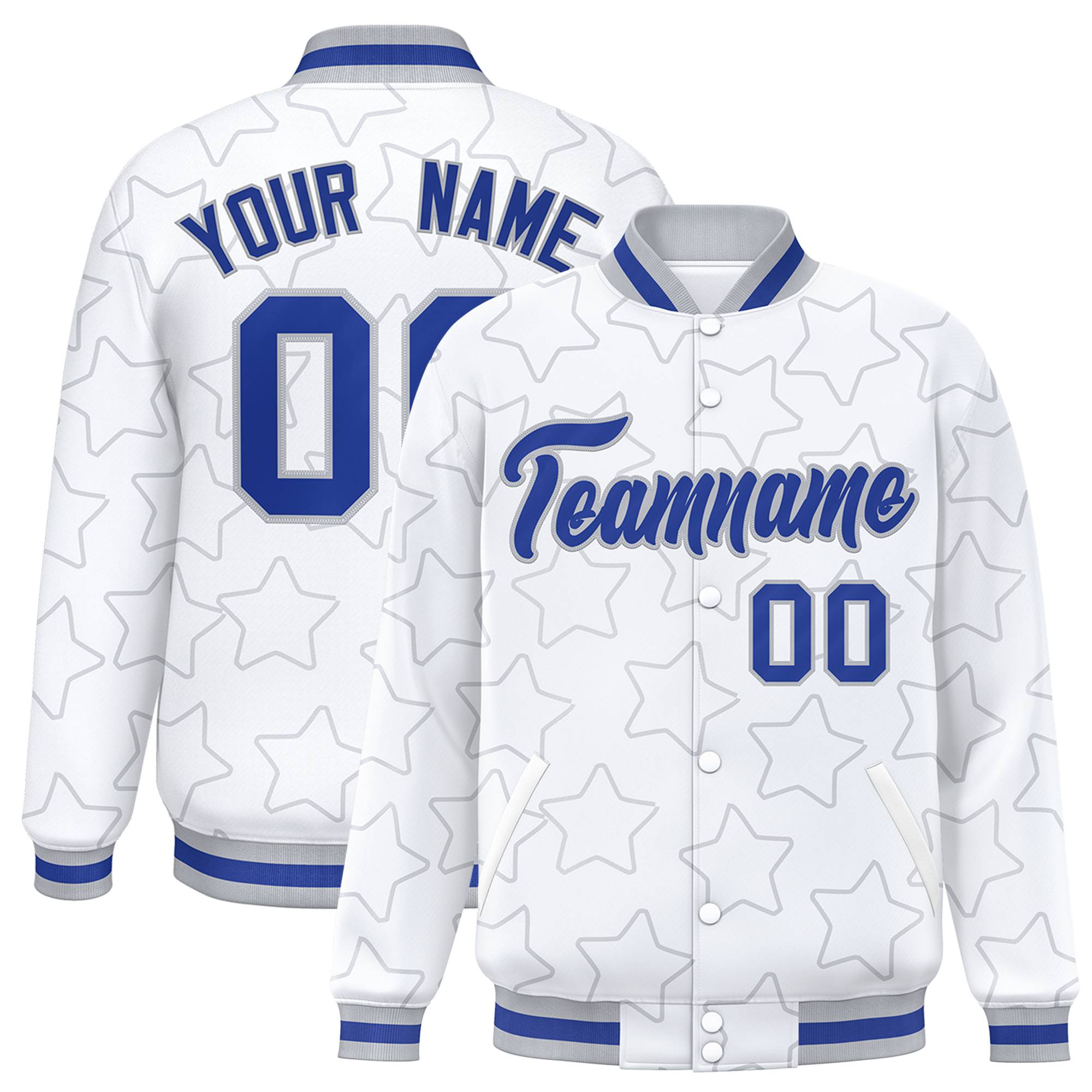 Custom White Royal Blue-Gray Varsity Full-Snap Star Pattern Letterman Baseball Jacket