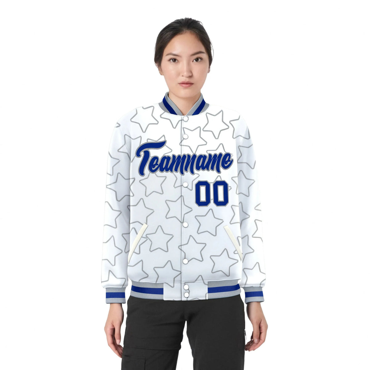 Custom White Royal Blue-Gray Varsity Full-Snap Star Pattern Letterman Baseball Jacket
