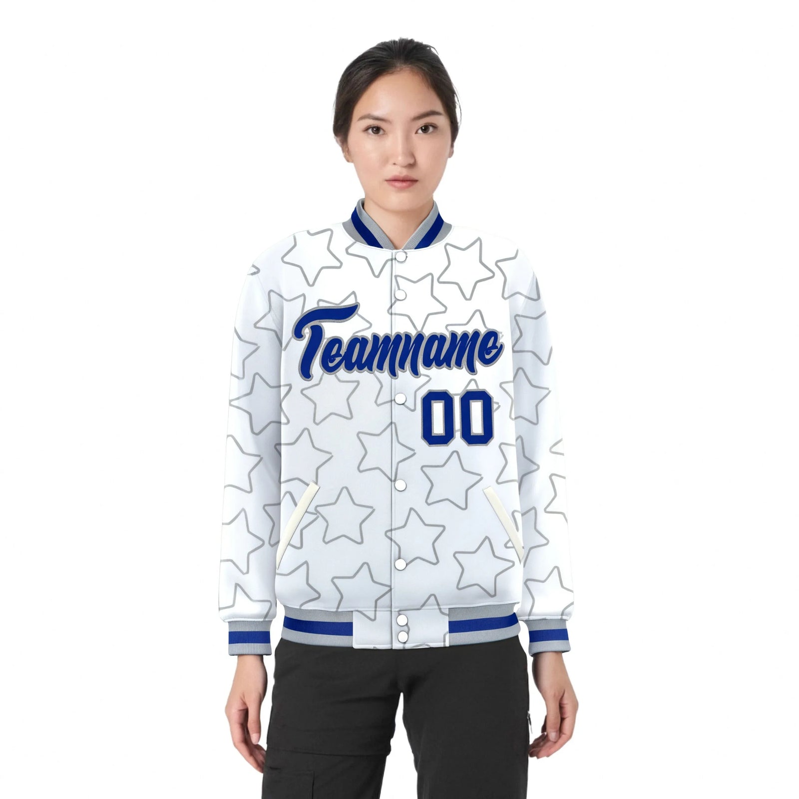 Custom White Royal Blue-Gray Varsity Full-Snap Star Pattern Letterman Baseball Jacket