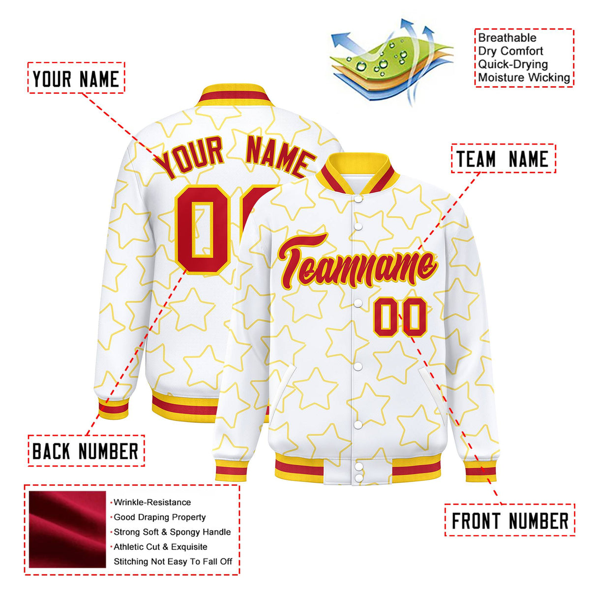 Custom White Red-Gold Varsity Full-Snap Star Pattern Letterman Baseball Jacket