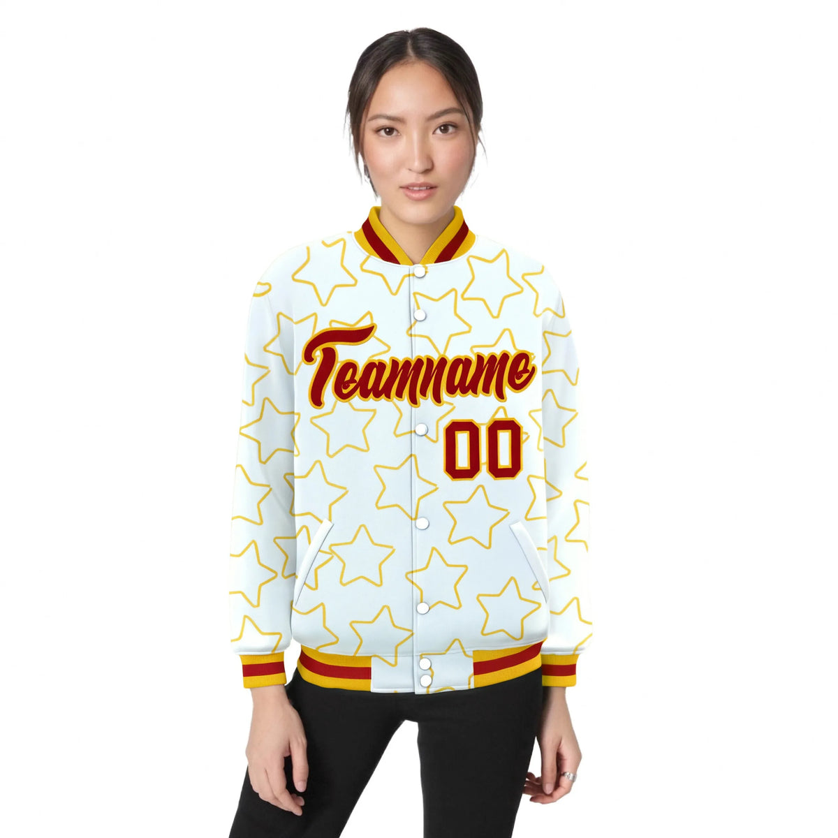Custom White Red-Gold Varsity Full-Snap Star Pattern Letterman Baseball Jacket