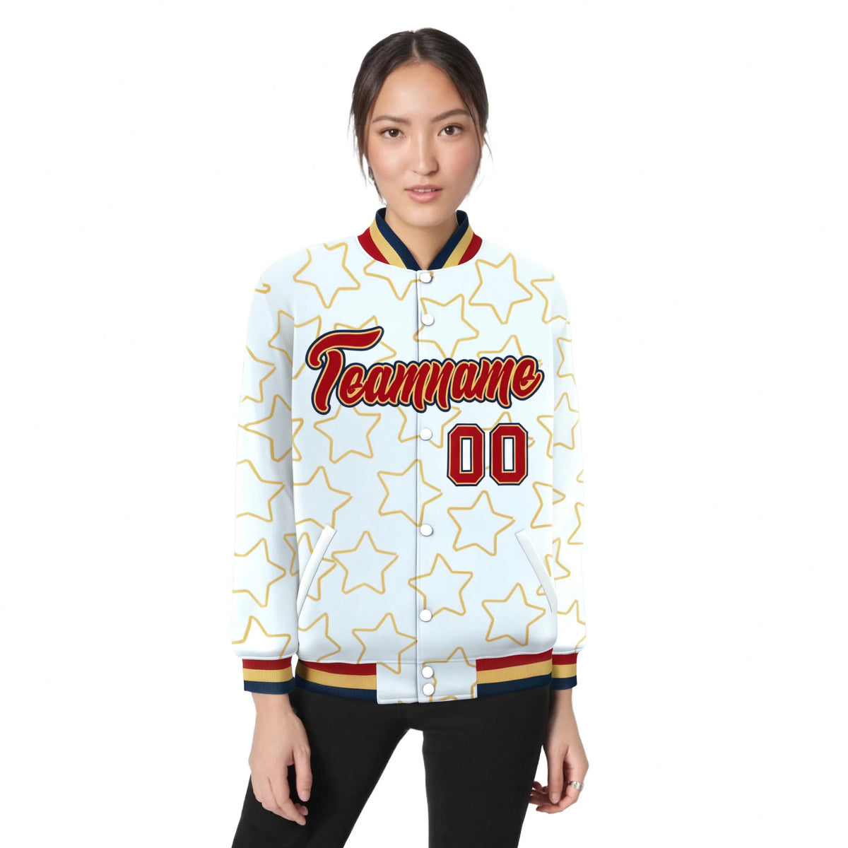 Custom White Red-Navy Varsity Full-Snap Star Pattern Letterman Baseball Jacket
