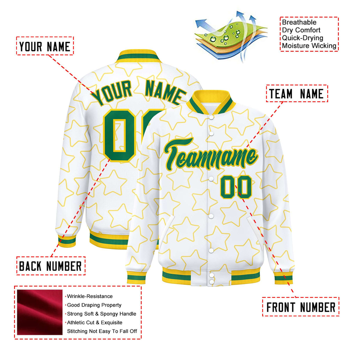 Custom White Neon Green-Gold Varsity Full-Snap Star Pattern Letterman Baseball Jacket