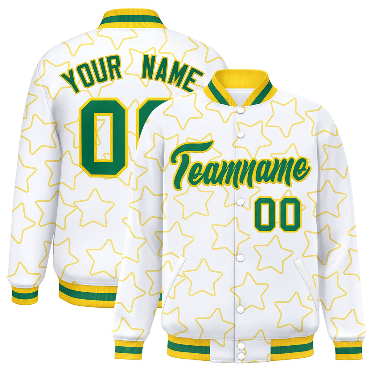 Custom White Neon Green-Gold Varsity Full-Snap Star Pattern Letterman Baseball Jacket