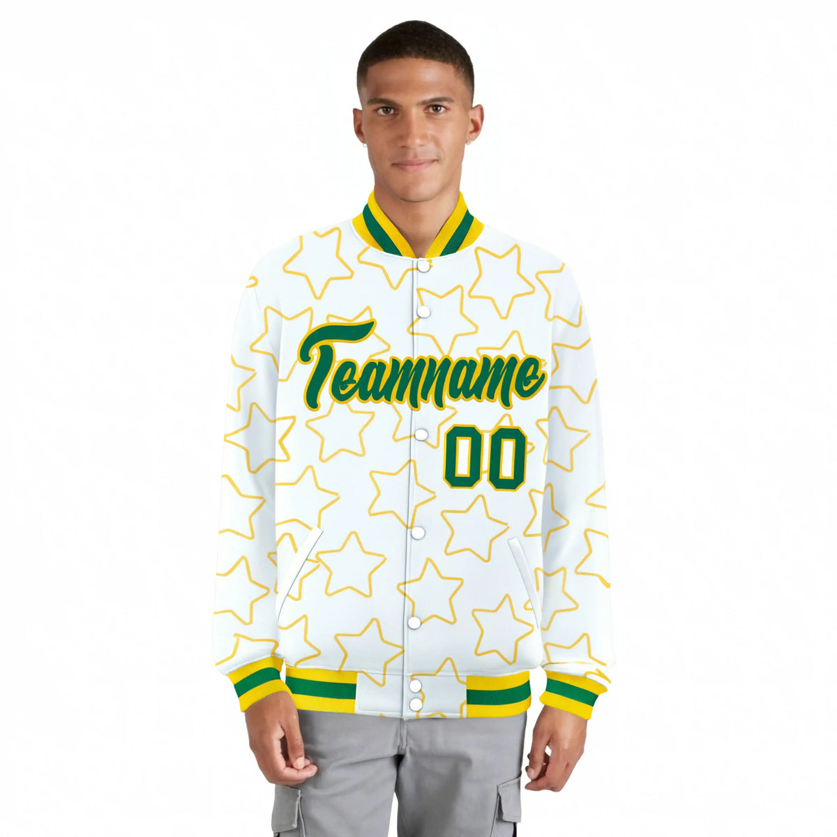 Custom White Neon Green-Gold Varsity Full-Snap Star Pattern Letterman Baseball Jacket