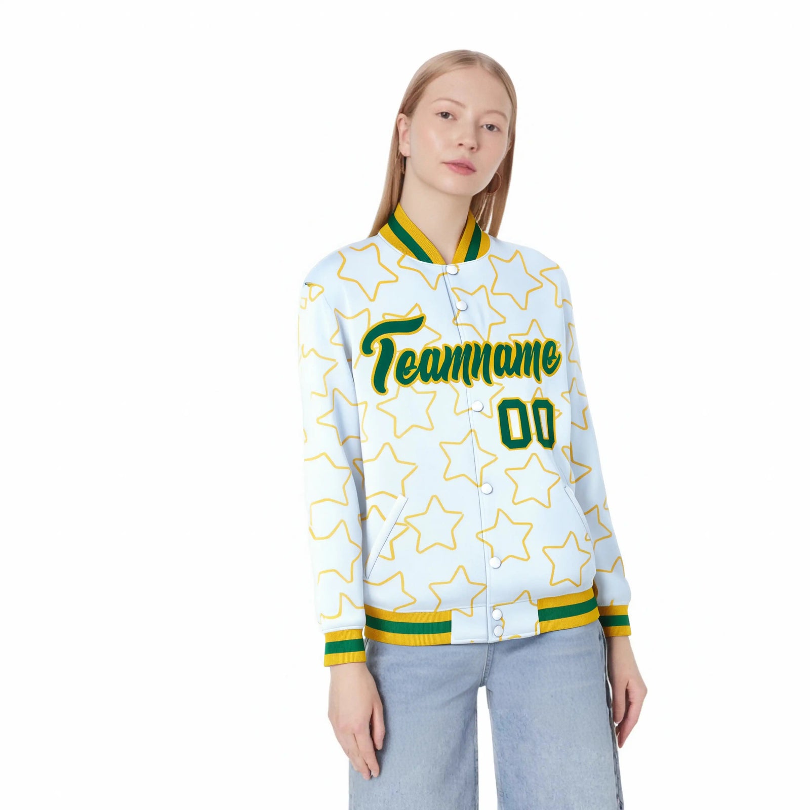 Custom White Neon Green-Gold Varsity Full-Snap Star Pattern Letterman Baseball Jacket