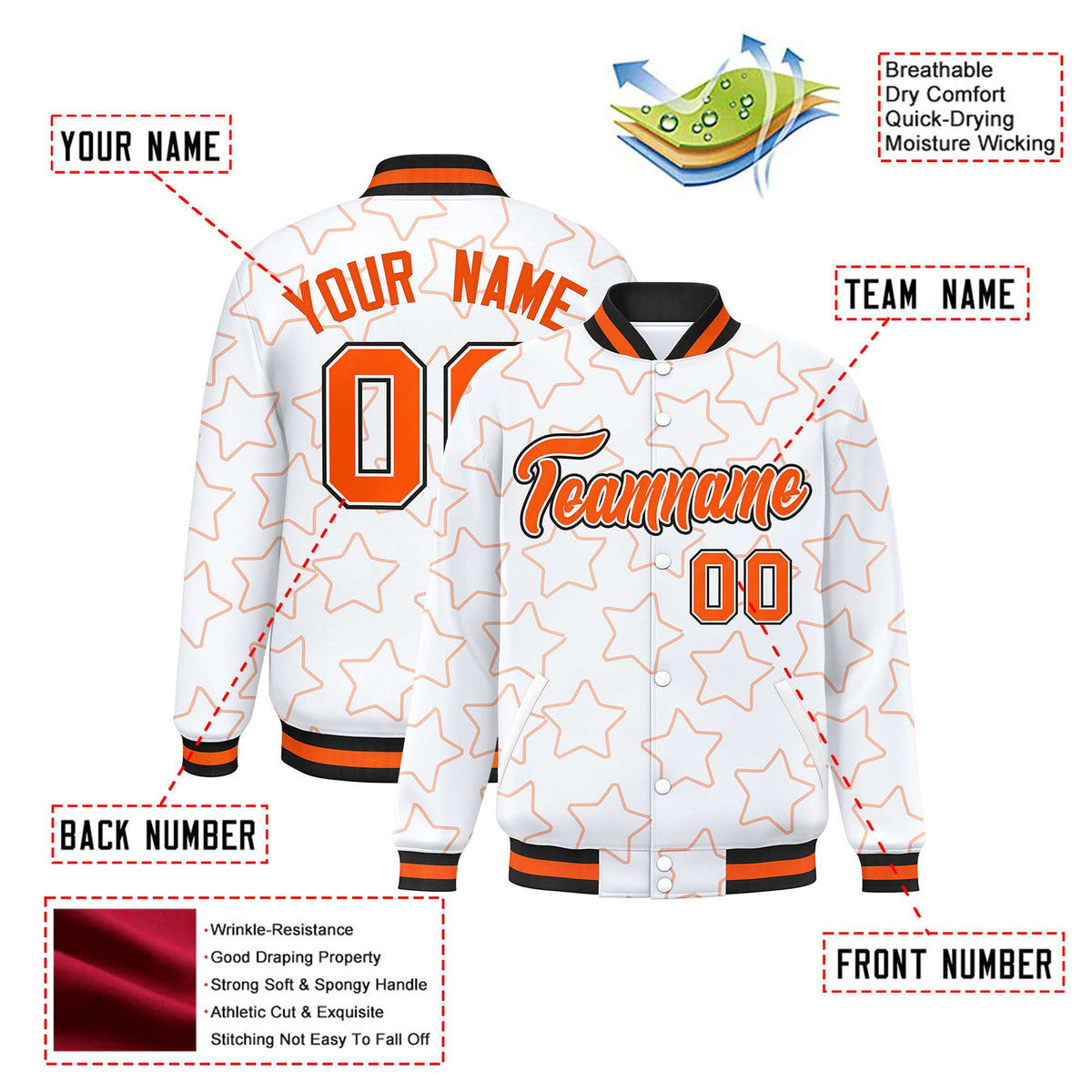 Custom White Orange-Black Varsity Full-Snap Star Pattern Letterman Baseball Jacket