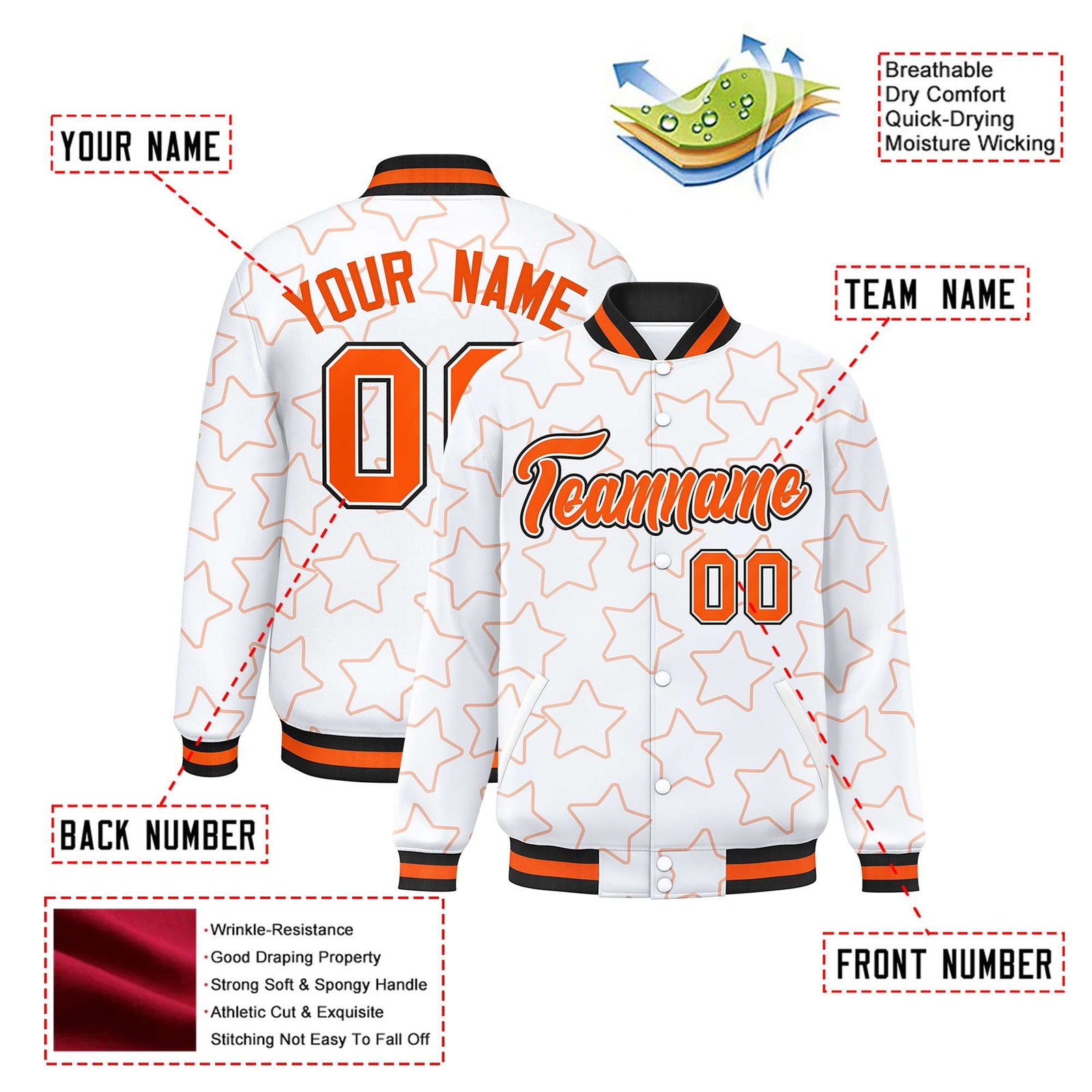 Custom White Orange-Black Varsity Full-Snap Star Pattern Letterman Baseball Jacket