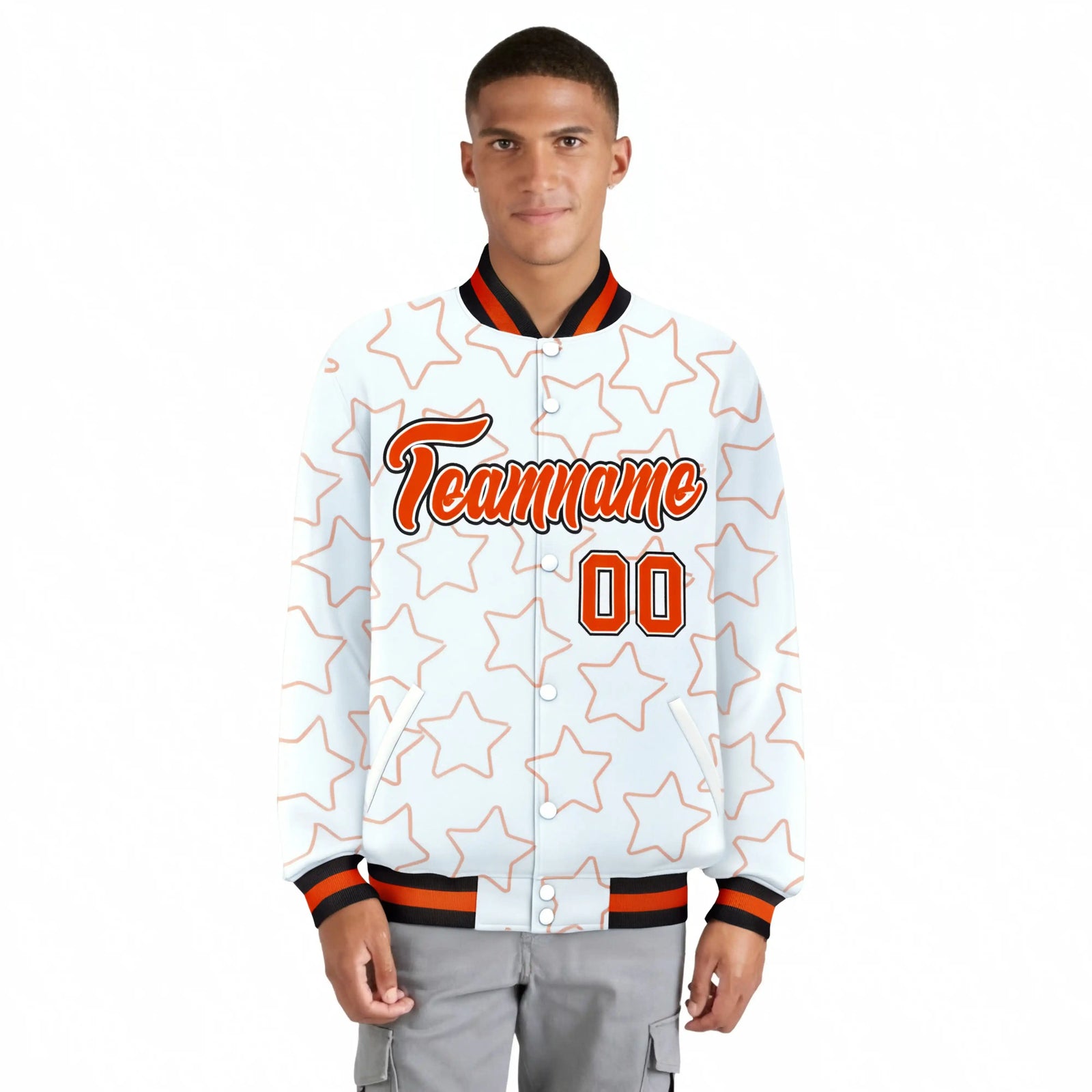 Custom White Orange-Black Varsity Full-Snap Star Pattern Letterman Baseball Jacket