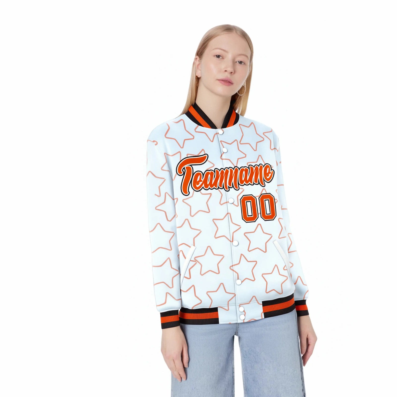 Custom White Orange-Black Varsity Full-Snap Star Pattern Letterman Baseball Jacket