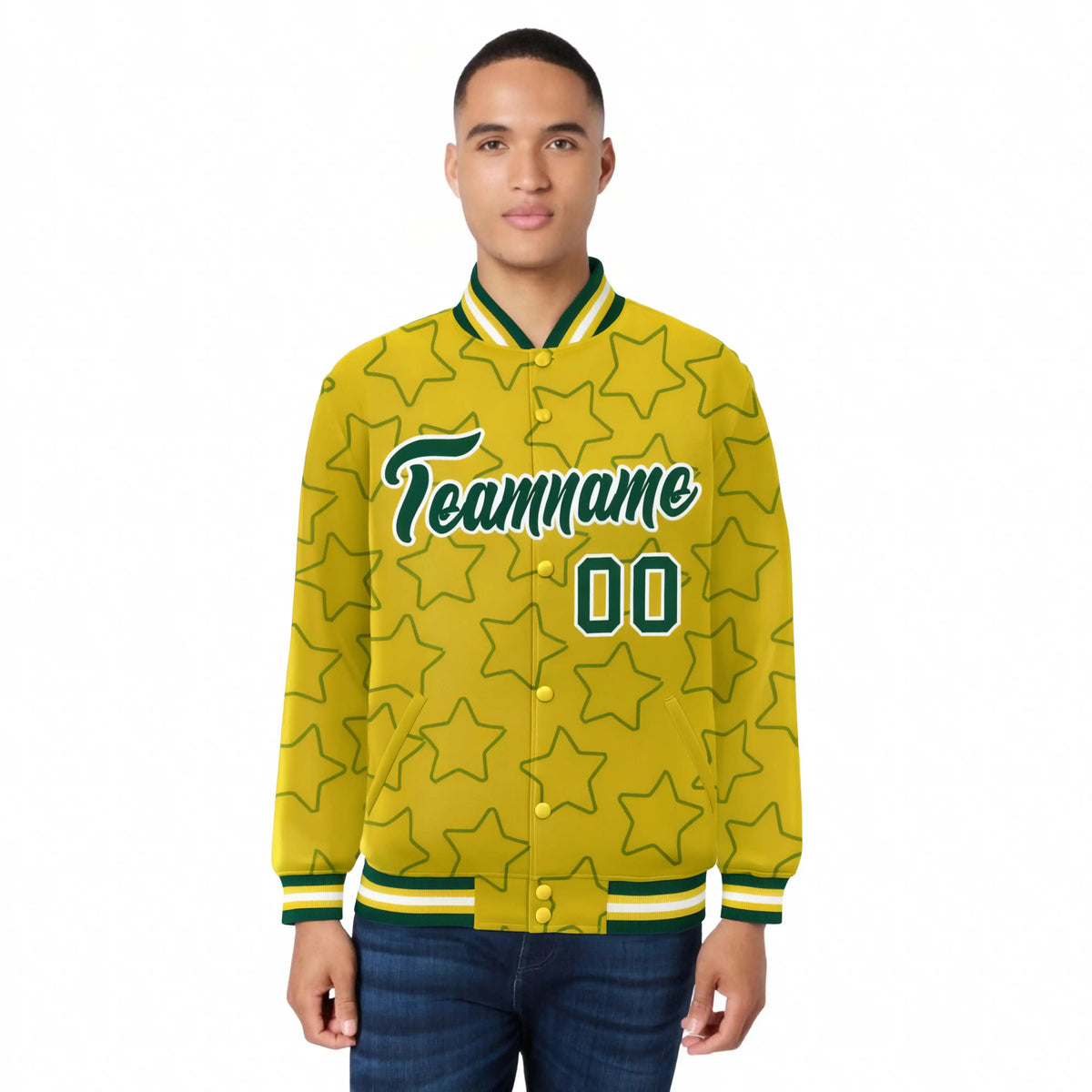 Custom Gold Green-White Varsity Full-Snap Star Pattern Letterman Baseball Jacket
