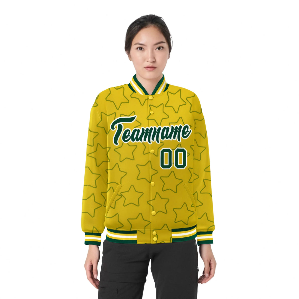 Custom Gold Green-White Varsity Full-Snap Star Pattern Letterman Baseball Jacket