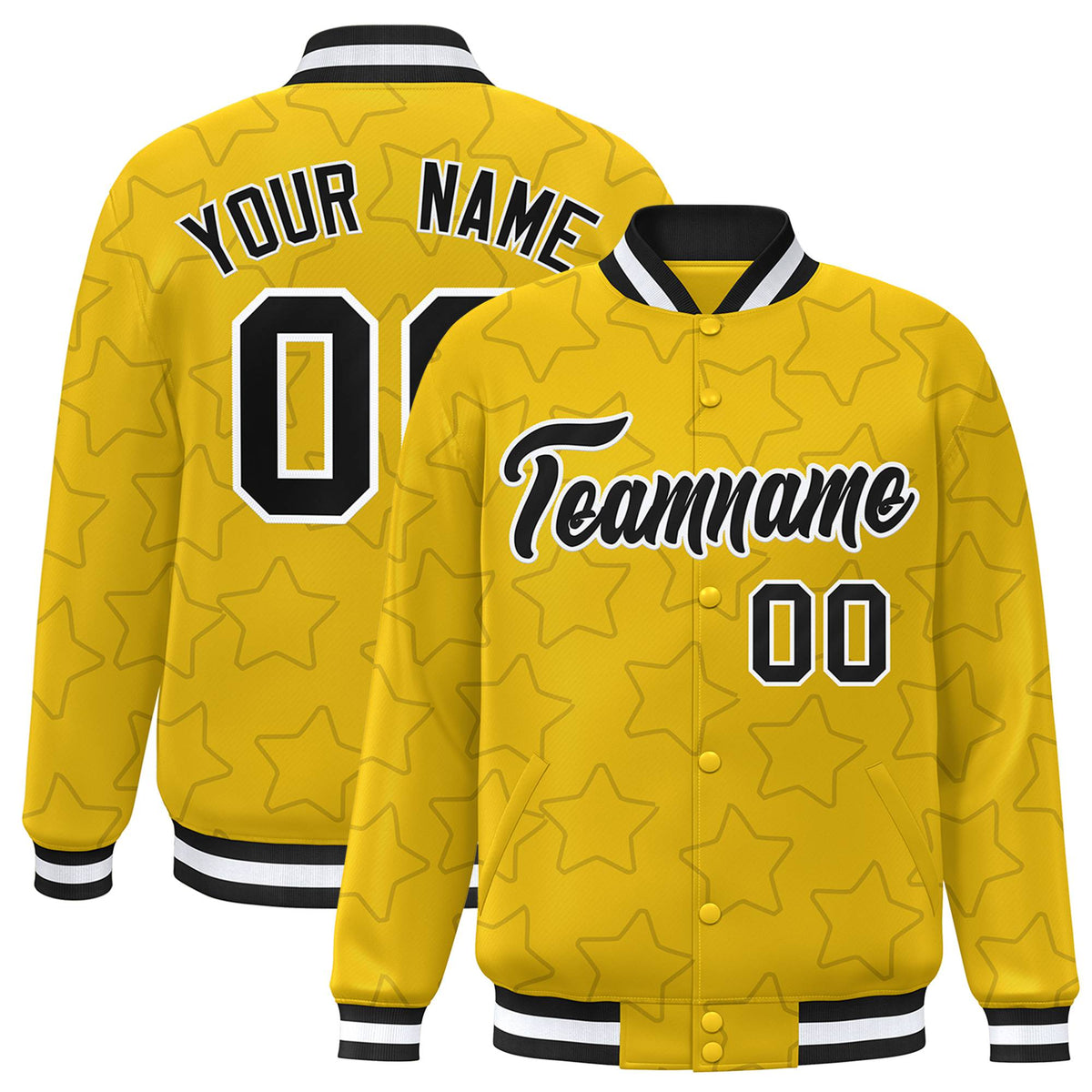 Custom Gold Black-White Varsity Full-Snap Star Pattern Letterman Baseball Jacket