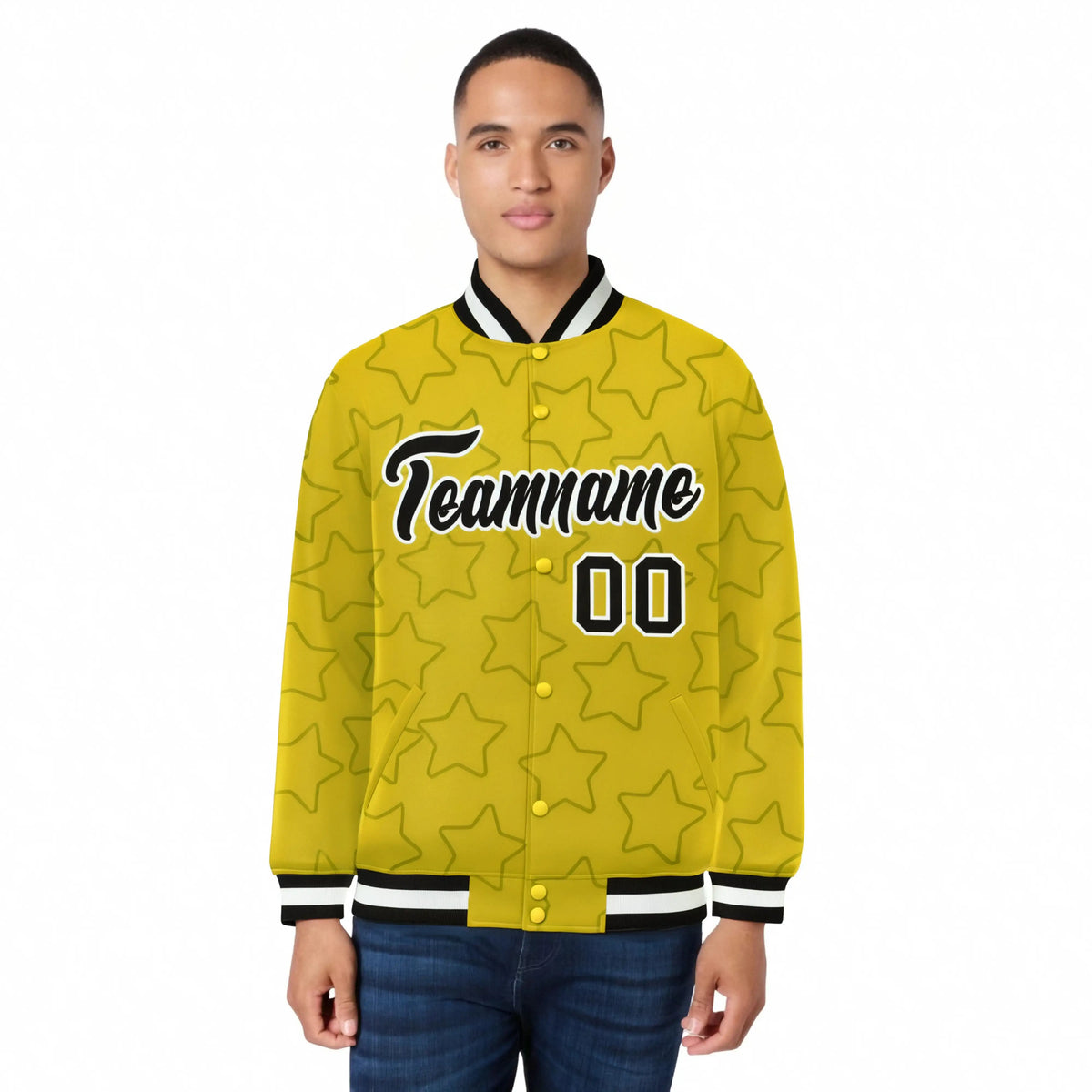 Custom Gold Black-White Varsity Full-Snap Star Pattern Letterman Baseball Jacket