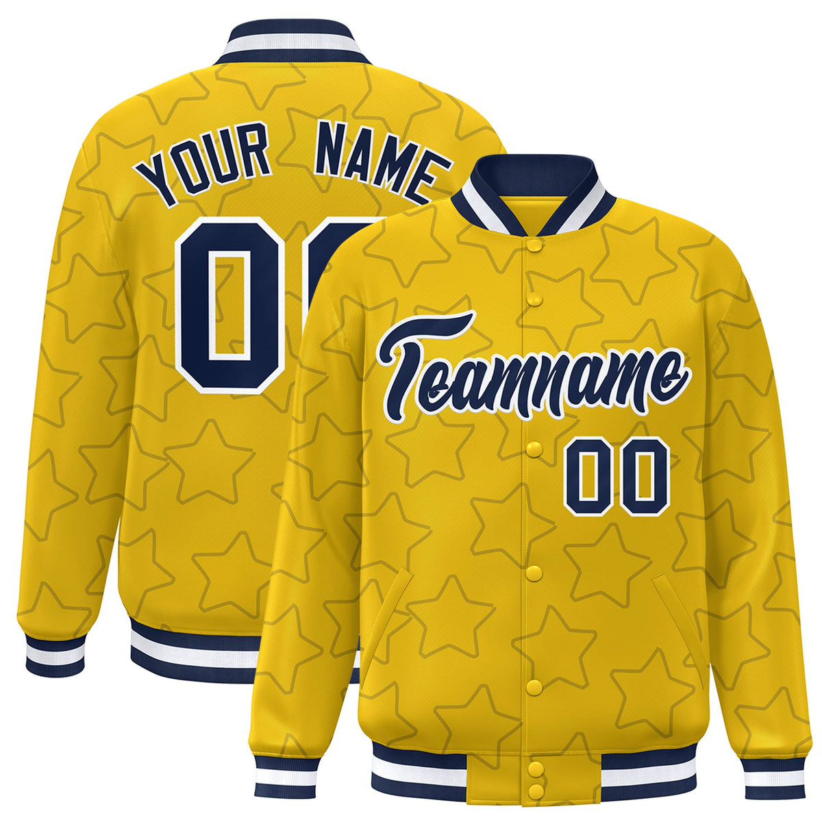Custom Gold Navy-White Varsity Full-Snap Star Pattern Letterman Baseball Jacket
