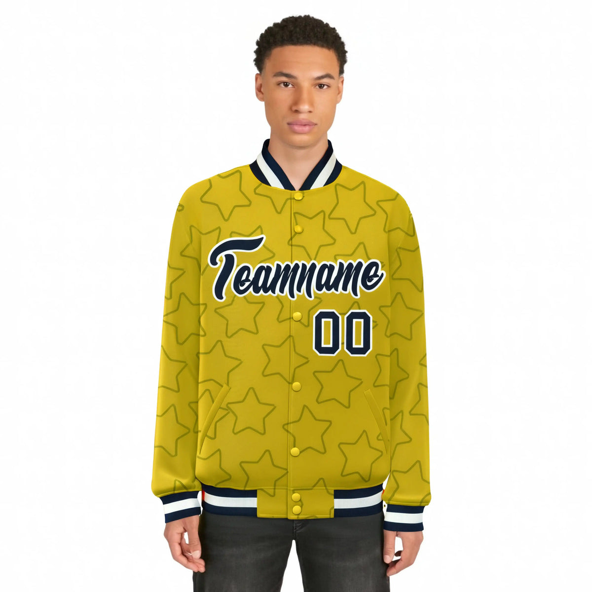 Custom Gold Navy-White Varsity Full-Snap Star Pattern Letterman Baseball Jacket