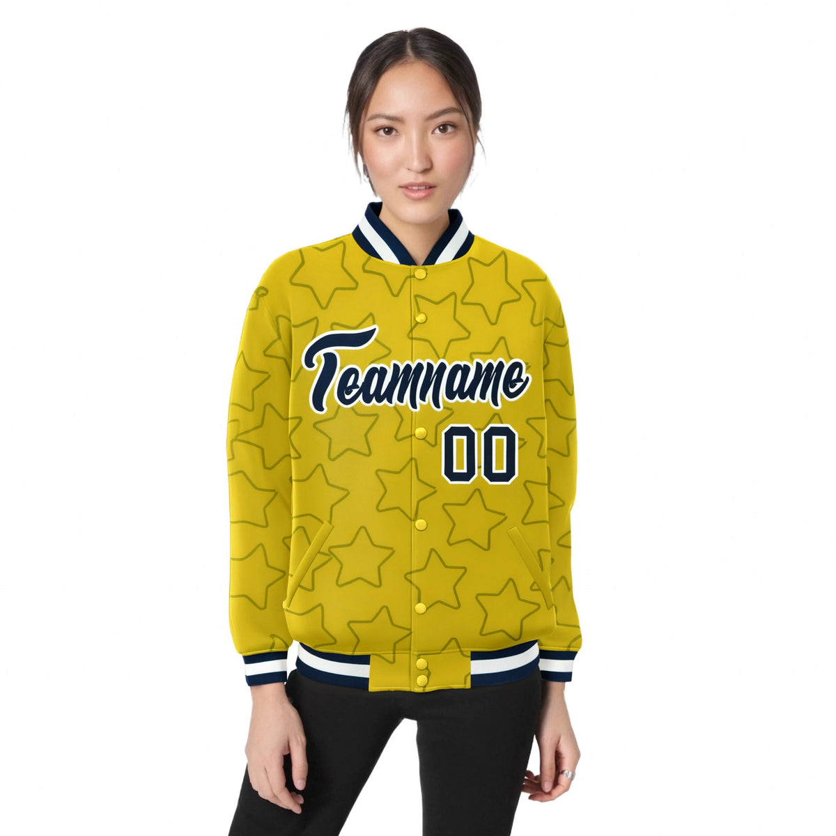 Custom Gold Navy-White Varsity Full-Snap Star Pattern Letterman Baseball Jacket