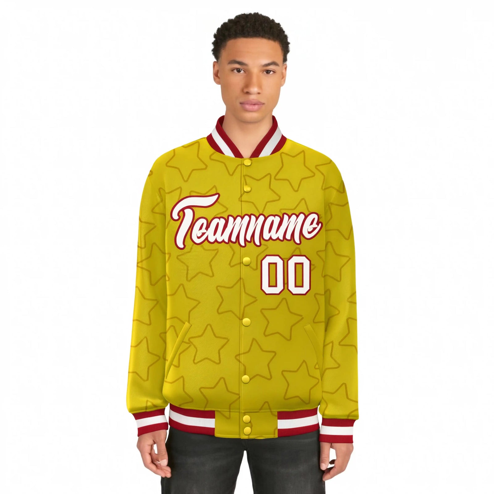 Custom Gold White-Red Varsity Full-Snap Star Pattern Letterman Baseball Jacket