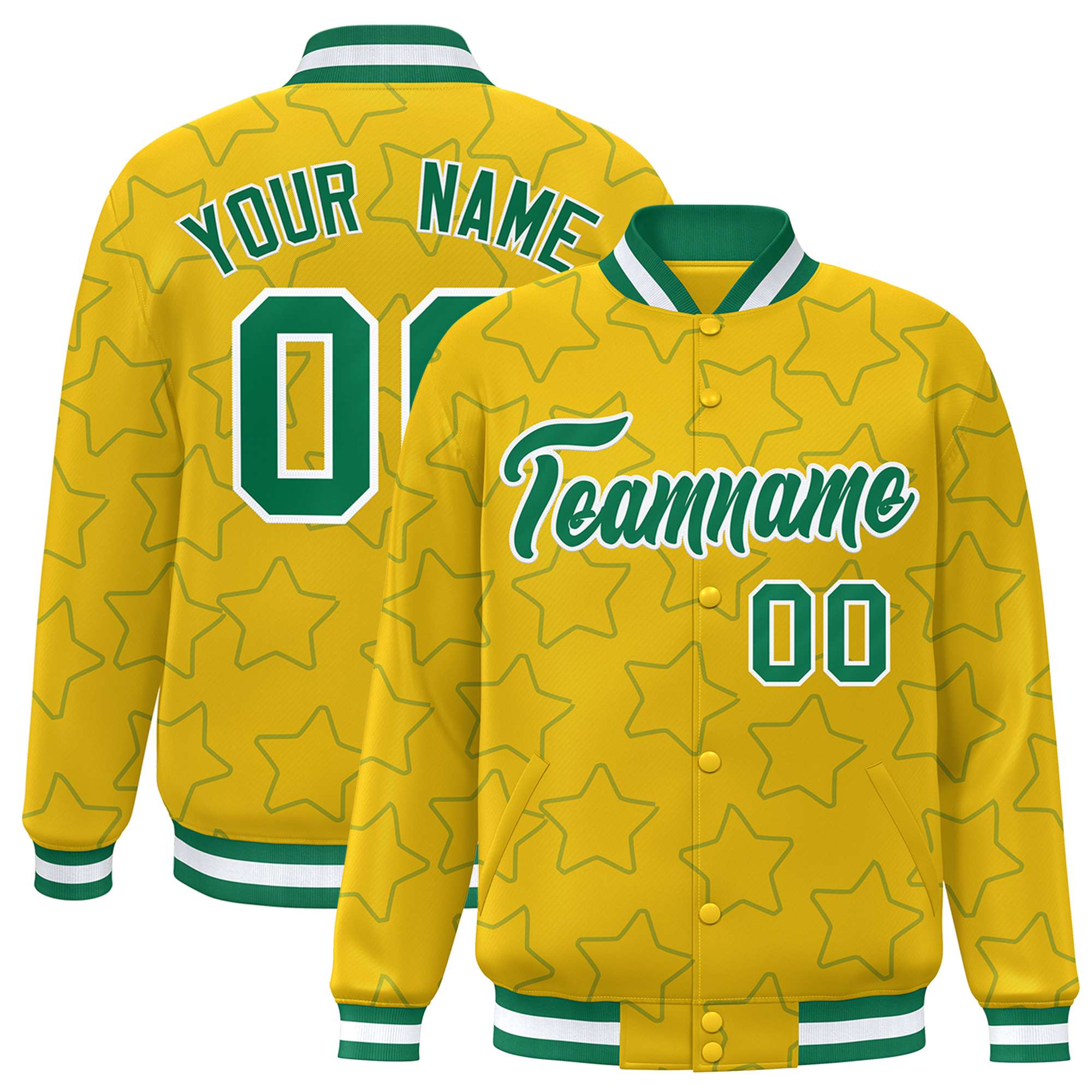 Custom Gold Teal-White Varsity Full-Snap Star Pattern Letterman Baseball Jacket