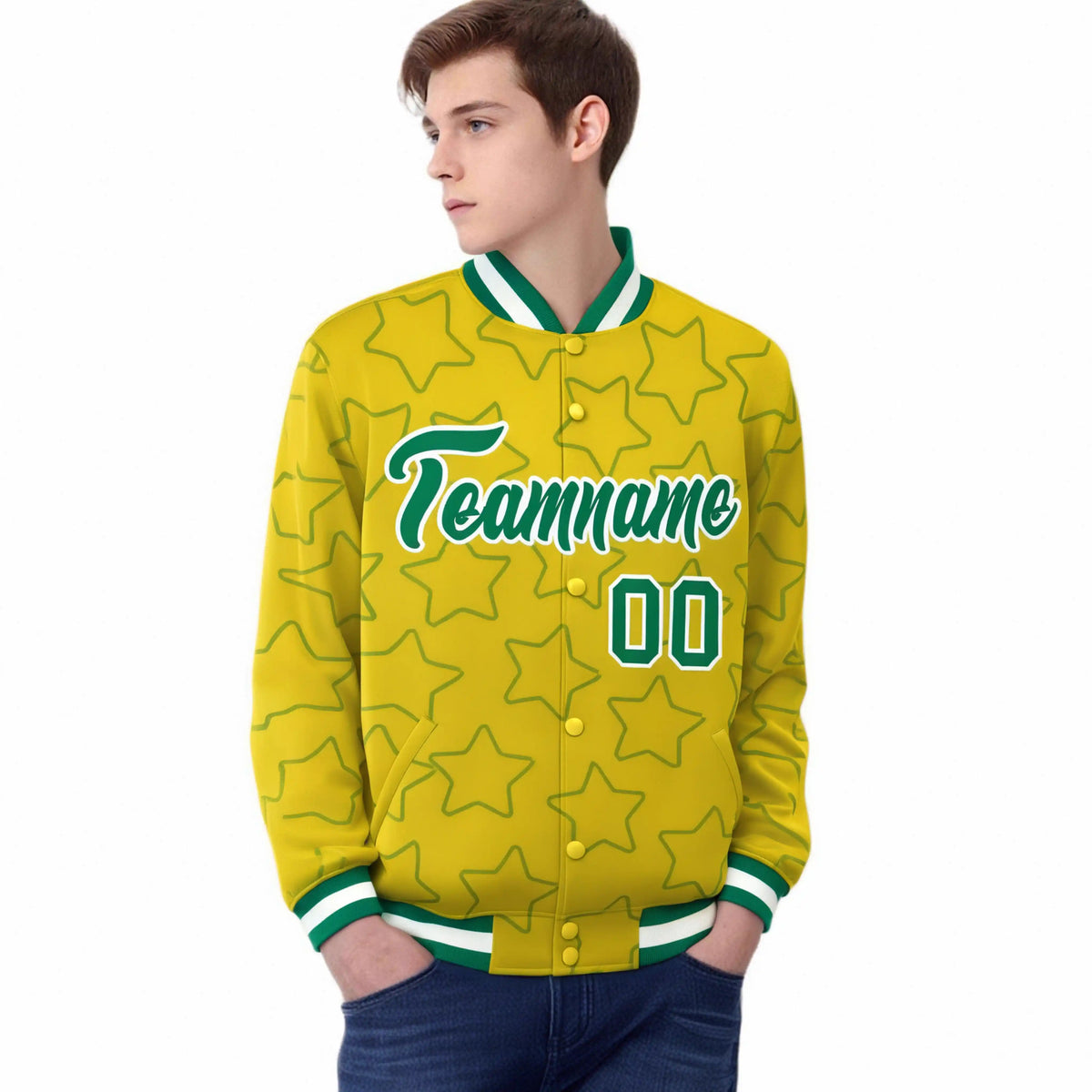 Custom Gold Teal-White Varsity Full-Snap Star Pattern Letterman Baseball Jacket
