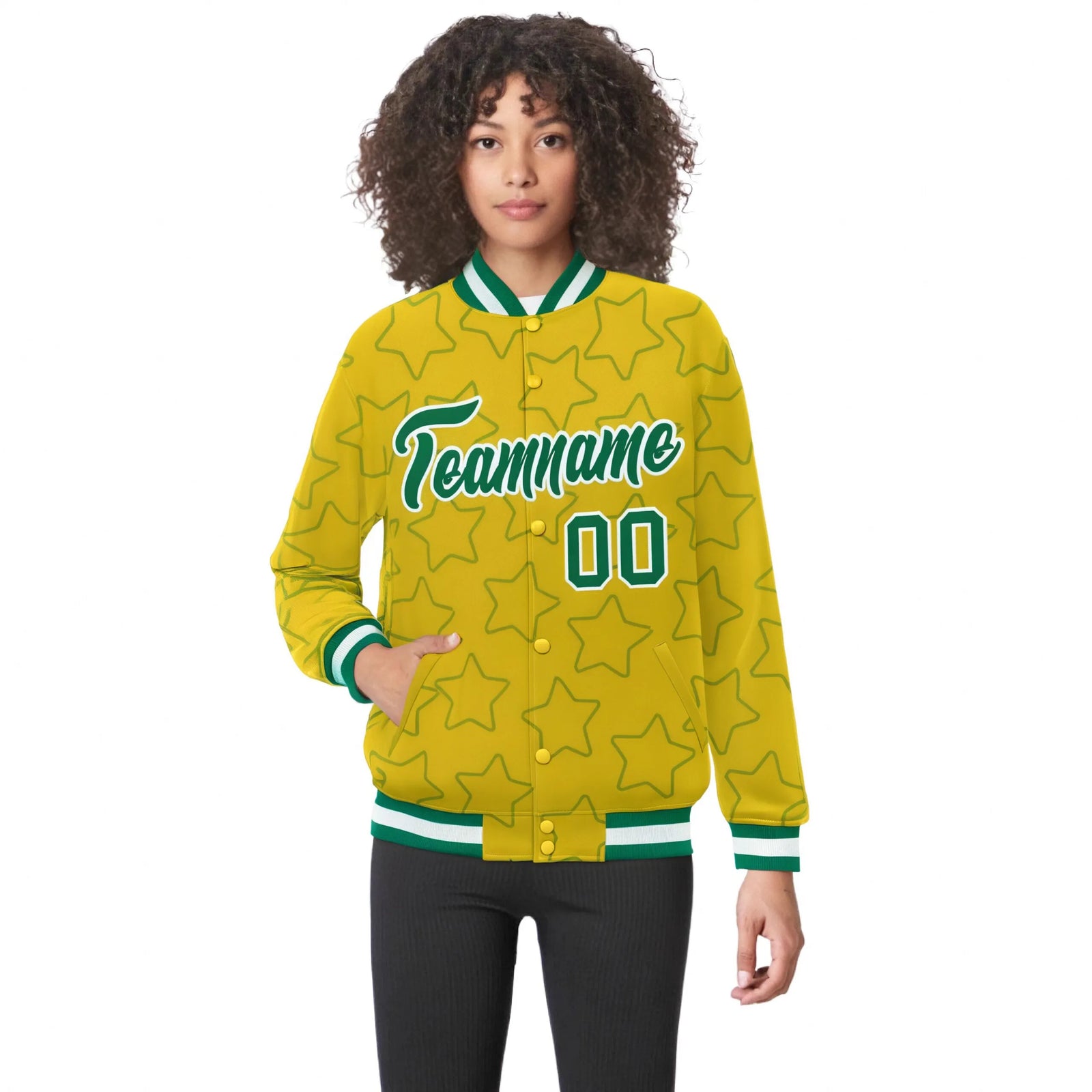 Custom Gold Teal-White Varsity Full-Snap Star Pattern Letterman Baseball Jacket
