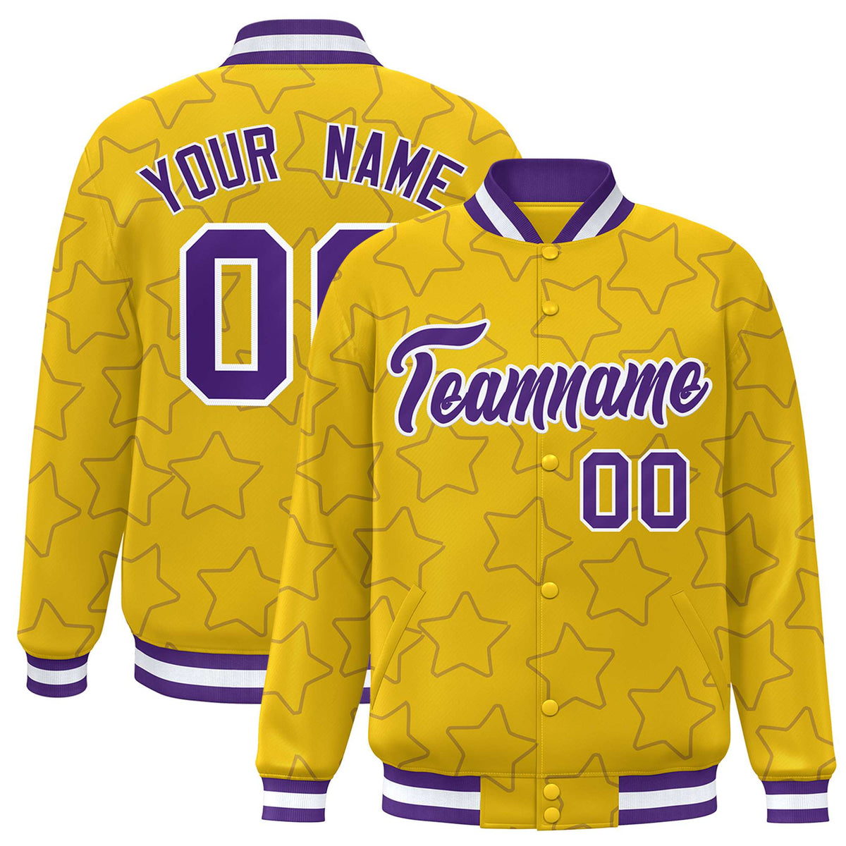 Custom Gold Purple-White Varsity Full-Snap Star Pattern Letterman Baseball Jacket