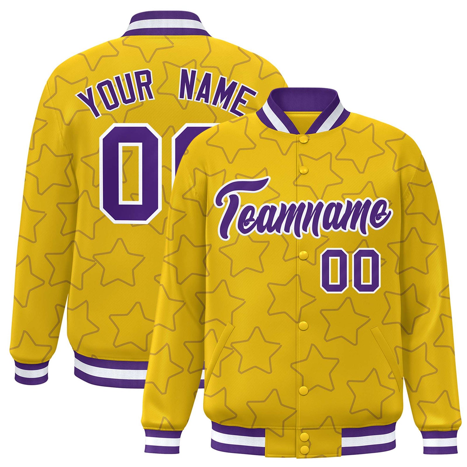 Custom Gold Purple-White Varsity Full-Snap Star Pattern Letterman Baseball Jacket