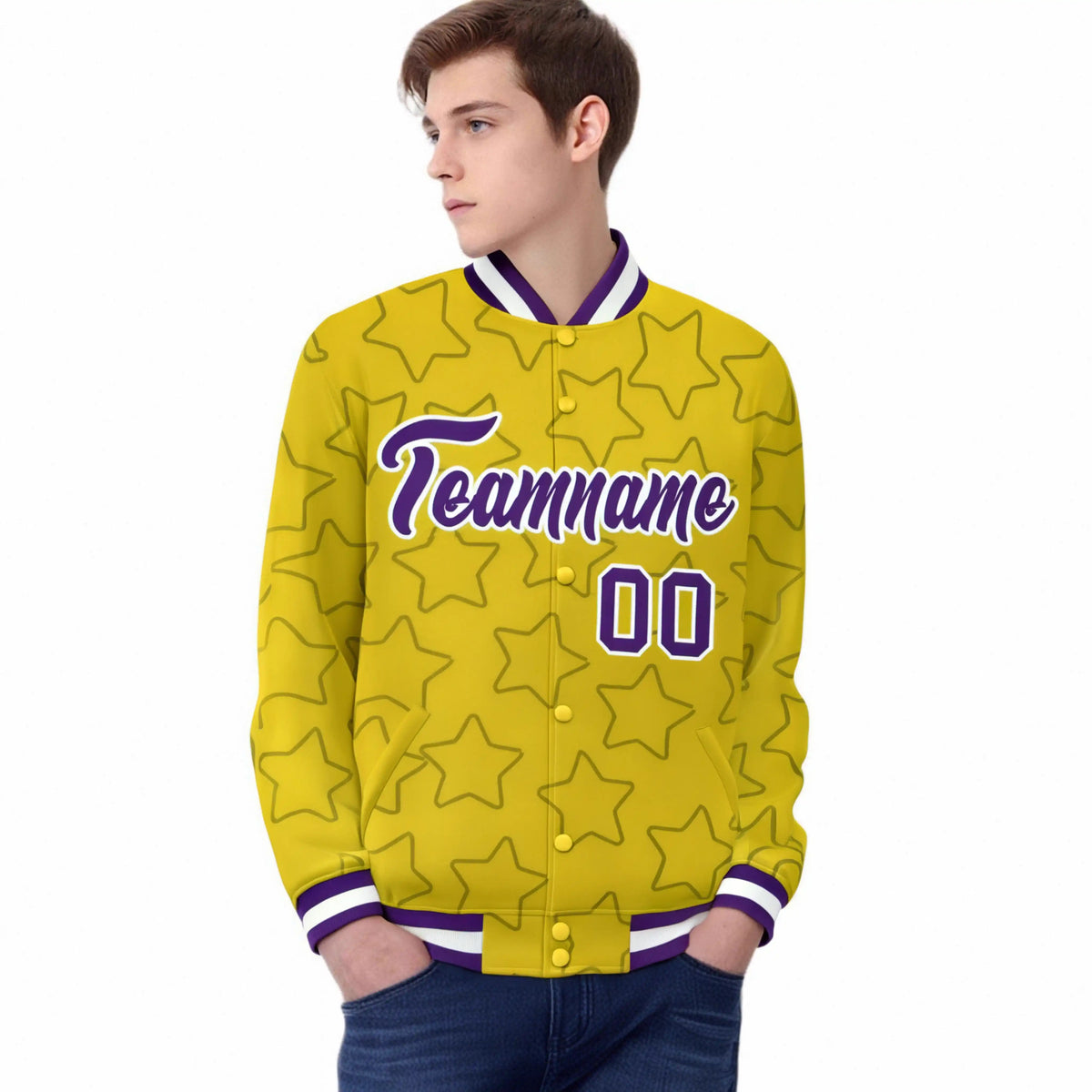 Custom Gold Purple-White Varsity Full-Snap Star Pattern Letterman Baseball Jacket