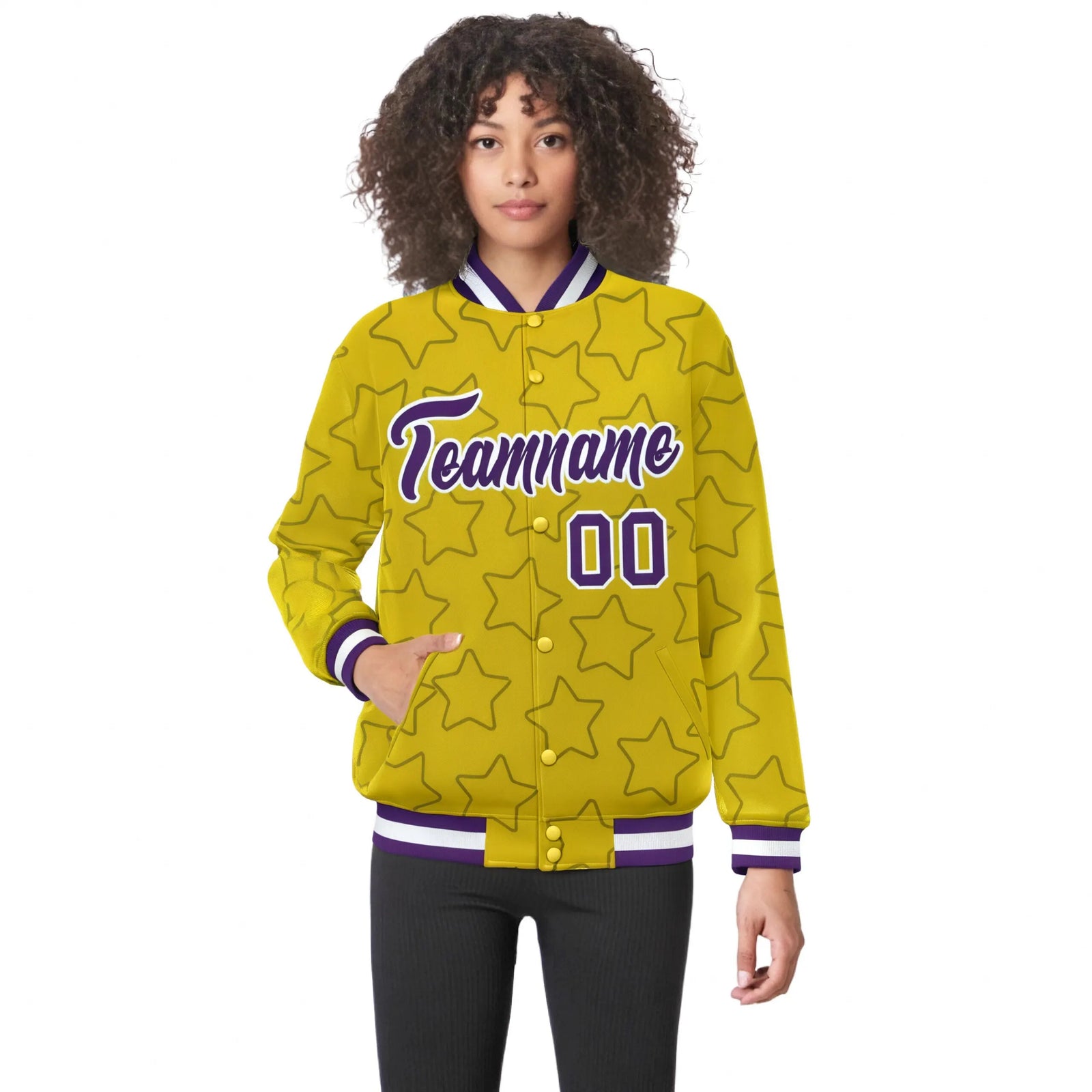 Custom Gold Purple-White Varsity Full-Snap Star Pattern Letterman Baseball Jacket