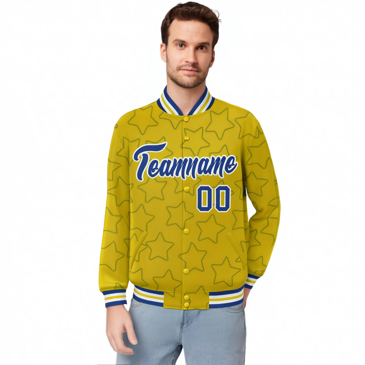 Custom Gold Royal Blue-White Varsity Full-Snap Star Pattern Letterman Baseball Jacket