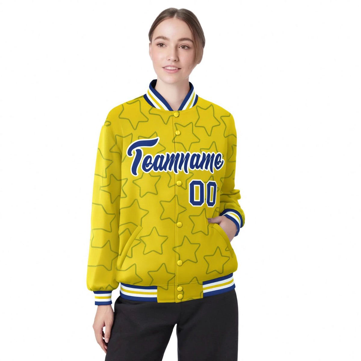 Custom Gold Royal Blue-White Varsity Full-Snap Star Pattern Letterman Baseball Jacket