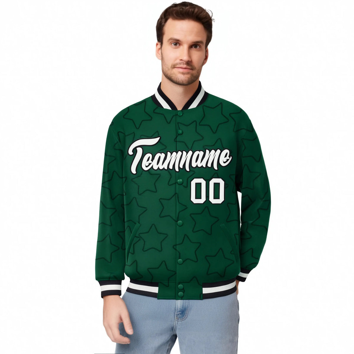 Custom Green White-Black Varsity Full-Snap Star Pattern Letterman Baseball Jacket