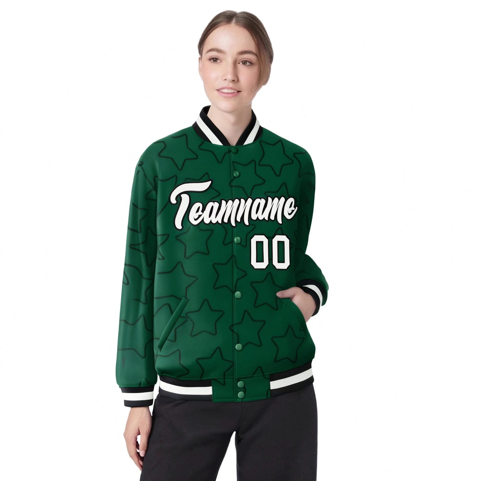 Custom Green White-Black Varsity Full-Snap Star Pattern Letterman Baseball Jacket