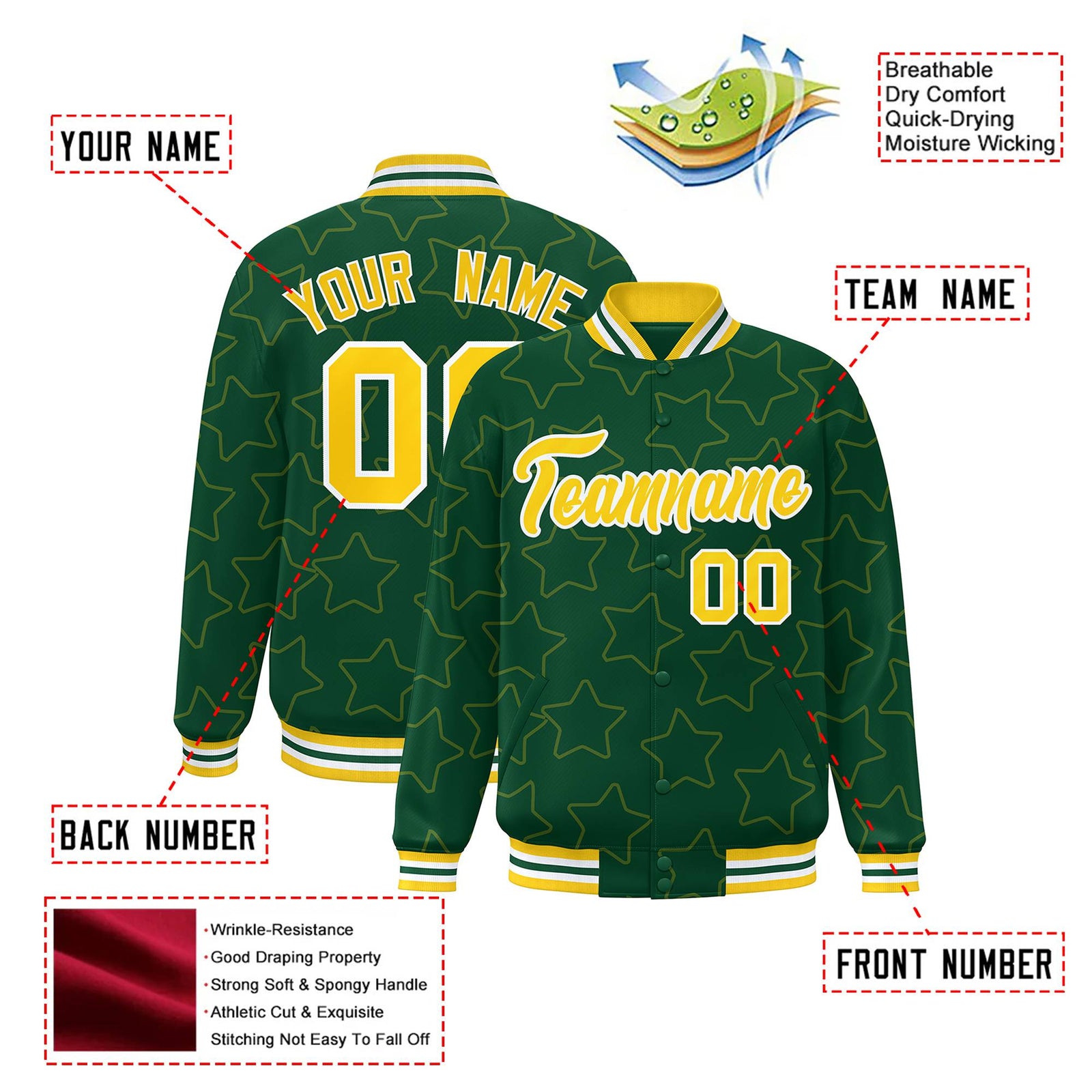 Custom Green Gold-White Varsity Full-Snap Star Pattern Letterman Baseball Jacket