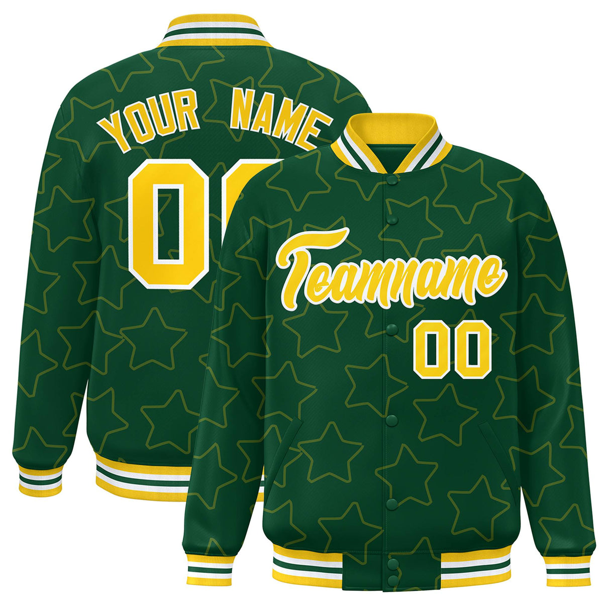 Custom Green Gold-White Varsity Full-Snap Star Pattern Letterman Baseball Jacket