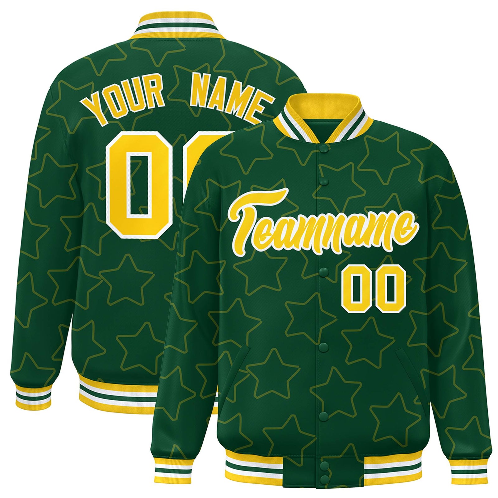 Custom Green Gold-White Varsity Full-Snap Star Pattern Letterman Baseball Jacket