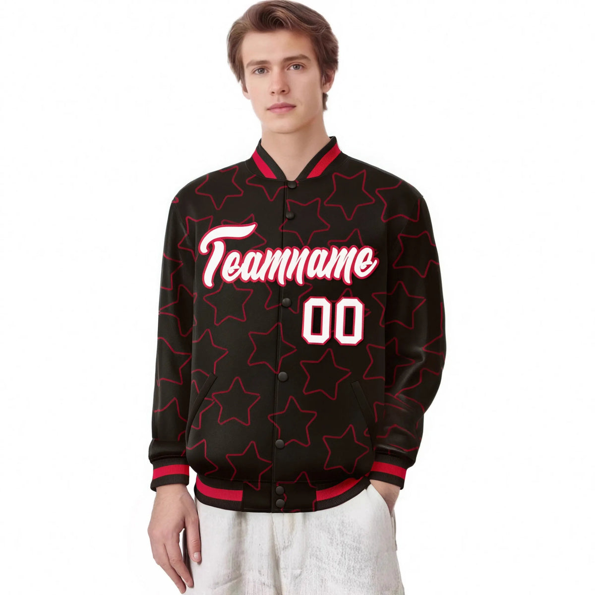 Custom Brown White-Red Varsity Full-Snap Star Pattern Letterman Baseball Jacket