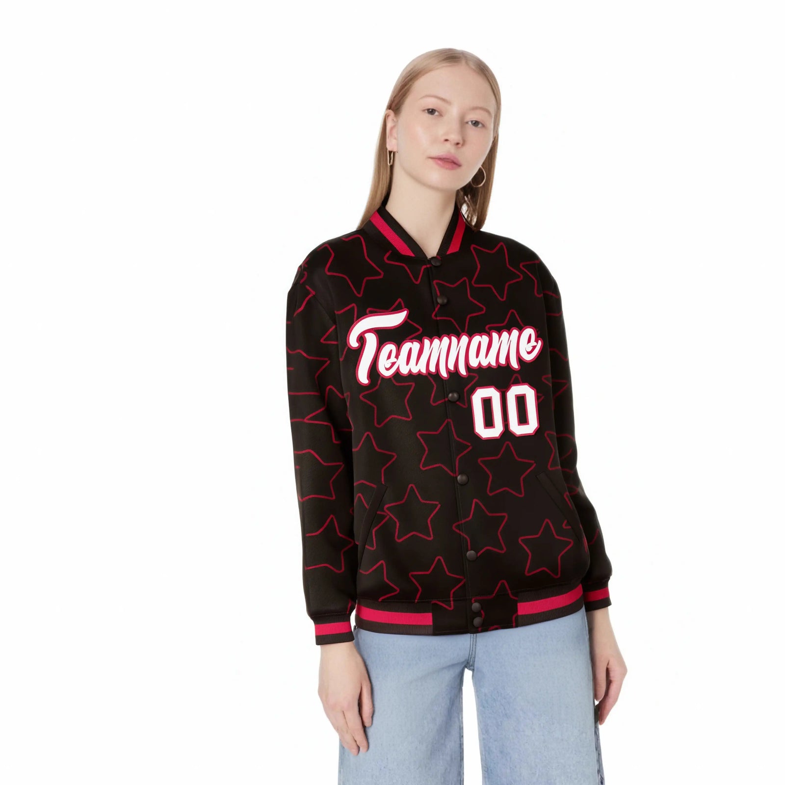 Custom Brown White-Red Varsity Full-Snap Star Pattern Letterman Baseball Jacket