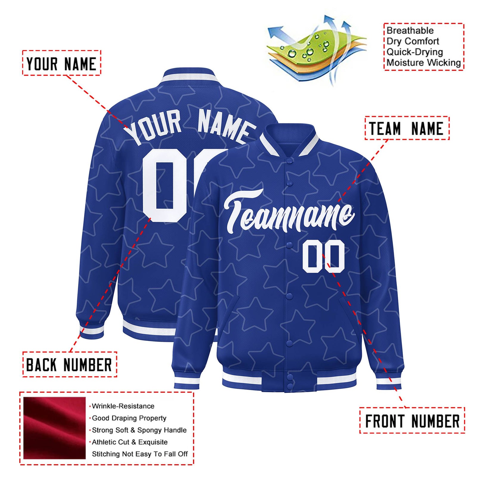 Custom Royal Blue White Varsity Full-Snap Star Pattern Letterman Baseball Jacket